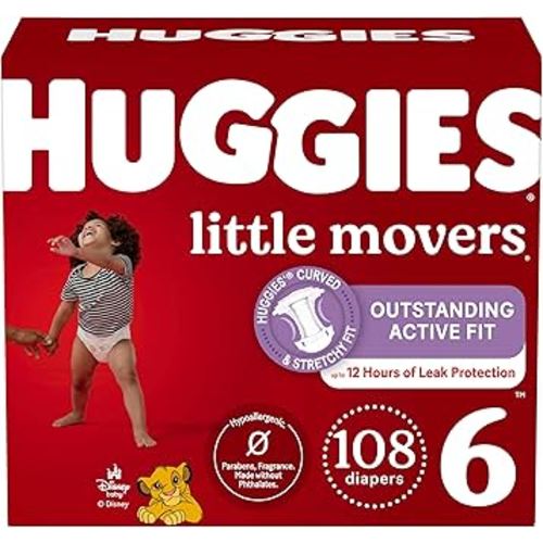 Huggies Size 6 Diapers, Little Movers Baby Diapers, Size 6 (35+ lbs), 108 Count (2 Packs of 54), Packaging May Vary