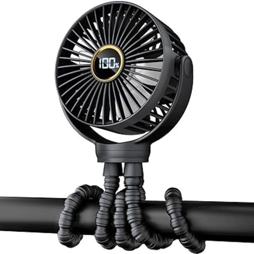 Portable Stroller Mini Fan, Small Rechargeable Personal Fan, Baby Travel Essentials for Wagon, Car Seat, Treadmill, Battery Powered Biking Gear Accessories, 360° Rotation, 3-Speed, Display, Black