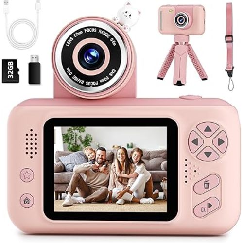 Upgrade Kids Selfie Camera,Chritmas Birthday Gift for 3-9 Years Old Girls,Portable Toy for 3 4 5 6 7 8 9 Year Children,Toddler 1080HD Digital Video Camcorder Camera with 32G SD Card Pink