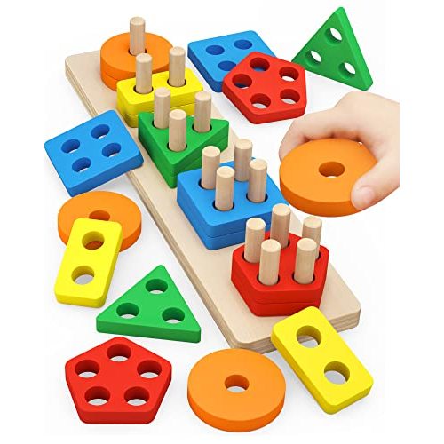 PEBIRA Montessori Toys for 1 to 3-Year-Old Boys Girls Toddlers, Wooden Sorting & Stacking Toys for Toddlers and Kids Preschool, Educational Color Recognition Shape Sorter, Learning Puzzles Gift