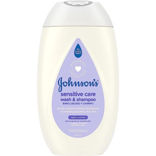 Johnson's Sensitive Care Baby Body Wash & Shampoo, Daily Moisturizing 2-in-1 Baby Wash & Shampoo to Gently Cleanse Dry, Sensitive Skin, Lightly Scented, Tear-Free, Hypoallergenic, 13.6 fl. oz