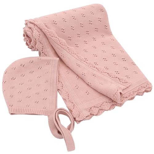 LifeTree Knit Baby Blanket & Hat, 100% Cotton Soft Swaddle & Receiving Blanket for Toddler, Lightweight & Breathable Newborn Blanket Unisex for Crib, Stroller, 31X40 Inches, Shower Registry Gift,Pink