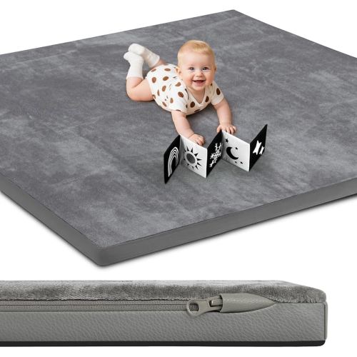 Baby Play Mat, Leather & Velvet Mat, Double-Sided/Reversible, 50x50 Playpen, 1.3" Thick Non-Toxic Cushioned, Waterproof Soft Crawling for Infants and Toddlers, Grey