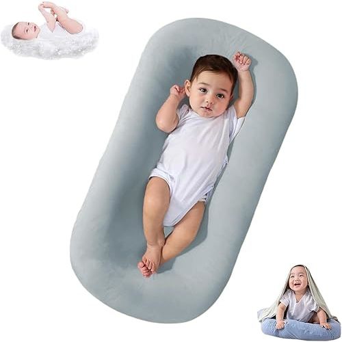 Baby Lounger, Bionic Design for Newborn 0-24 Months, Soft Organic Cotton Breathable Lounger for Infants (Grey Blue Baby Lounger)