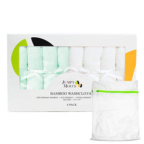 Jumpy Moo's Baby Washcloths - 100% Rayon from Bamboo, Ultra Thick 10x10 inches, Gentle on Delicate Skin, Perfect Baby Shower Gifts for Girls and Boys, Includes Giftbox & Laundry Bag