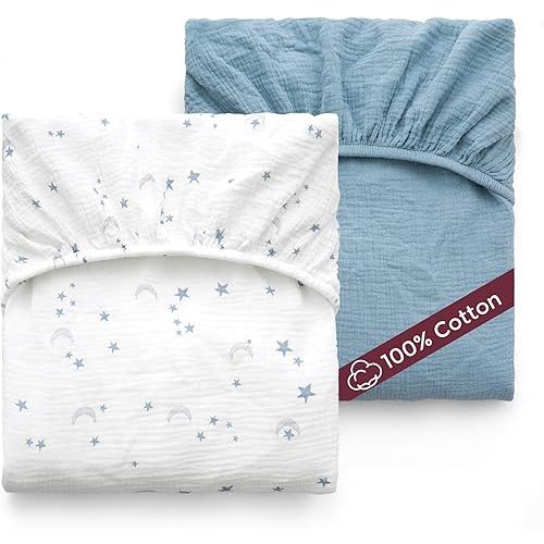 Momcozy Muslin Standard Fitted Crib Sheets, 52"x28", 2 Pack Soft Breathable Natural Cotton Baby Mattress Sheet, 360° Mattress Wrapping No Slip Boys Girls Neutral Toddler Bed Sheet, Blue Star Moon