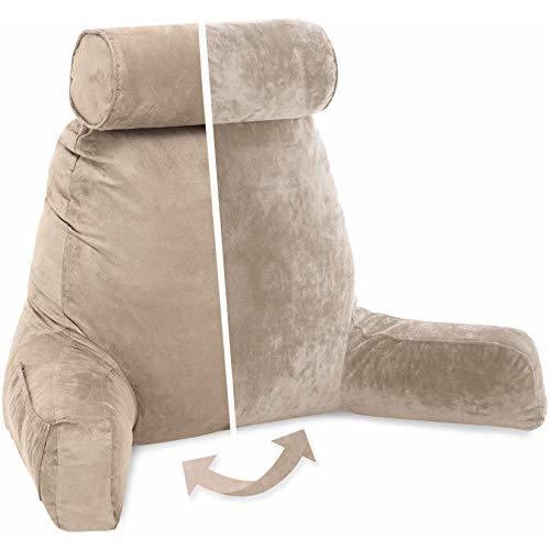 Husband Pillow XXL Aspen Edition, Adult Reading Sit Up Bed Rest Pillow for Bed with Arms & Neck Roll on Bungee Cord - Premium Memory Foam - Reversible 2 Sided Cover Micro Suede or Plush, Cowboy Taupe