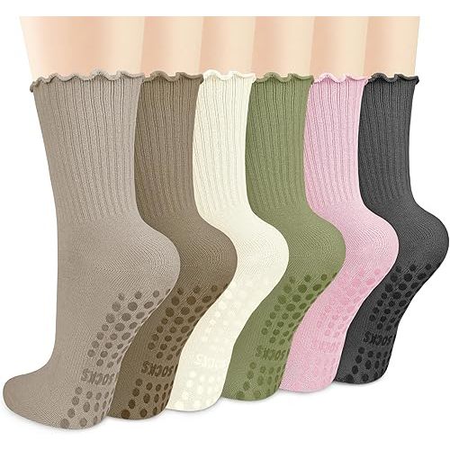 Justay 6 Pairs Womens Pilates Socks with Grips Crew Non Slip Ruffle Cotton for Athletic Workout Barre Hospital Yoga Socks