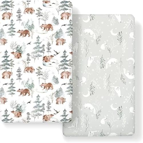 Stretchy Ultra Soft Jersey Knit Fitted Crib Sheets Set 2 Pack，Fit All Standard Crib Mattress Pads Safe and Snug, Stylish Pattren of Bear and Wolf Print