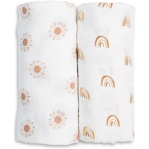 Lulujo Baby Swaddle Blankets | Unisex Softest Breathable Cotton Muslin Swaddle Blanket Set | Neutral Receiving Blanket for Girls & Boys | 40in x 40in | Rainbows & Suns | 2-Count