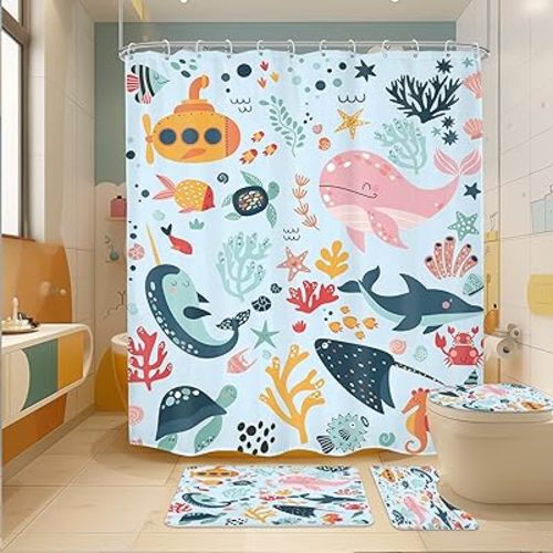 4 PCS Blue Kids Bathroom Set Summer Ocean 72Wx72H Shower Curtain Set Bath Rug Toilet Lid Cover Nonslip U Shape Mat Whale Funny Cartoon Cute Animal Resistant Accessories 12 Hooks Bathroom Decor