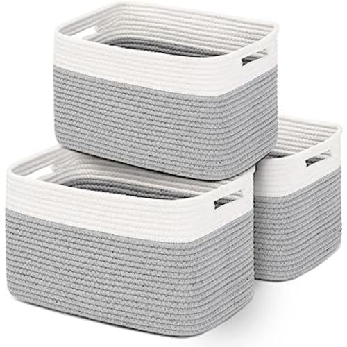 DOFASAYI Cotton Rope Storage Baskets 3-Pack - Baskets for Organizing,Baby Basket for Nursery Storage, Woven Baskets for Storage, Collapsible Storage Bins & Toy Organizer with Handles, Grey/Off White