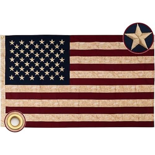 Bradford Vintage American Flag 3x5 ft Cotton for Outside, Heavy Duty Tea Stained American Flag Aged Looking for 4th of July Cloth Old USA US Flag