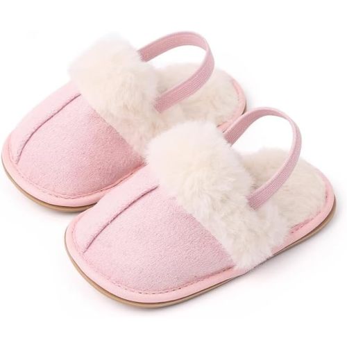 Baby House Slippers Toddlers Infants Fuzzy Slippers 0-18 Months Boys Girls Cozy Fleece Shoes with Heel Strap