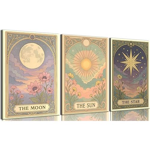 3pcs Sun and Star Celestial Canvas Wall Art Vintage Tarot Astrology Wall Decor Full Moon Lotus Poster Canvas Painting Prints for Bed Room Living Room Apartment Bath Room Study room Home Decoration