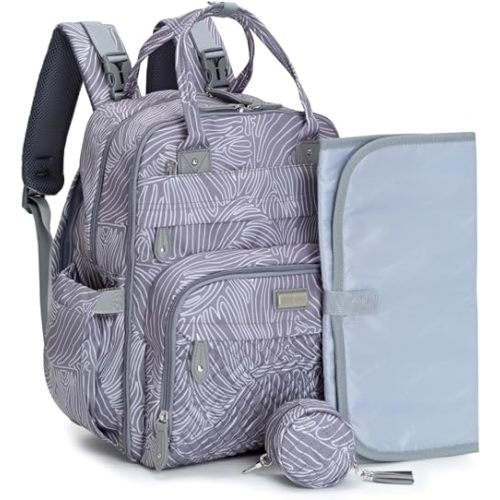BabbleRoo Diaper Bag Backpack - Baby Essentials, Travel Essentials Baby Bag with Changing Pad, Stroller Straps & Pacifier Case - Unisex, Gray Swirls