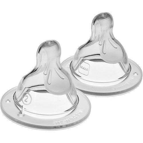 MAM Bottle Nipples Medium Flow Nipple Level 2, for 2+ Months, SkinSoft Silicone Nipples for Baby Bottles, Fits All MAM Bottles, 2 Pack