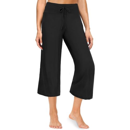 ZOOSIXX Soft Black Pajama Pants for Women, Wide Leg Comfy Casual Lounge Yoga Capri Pants 22'' / 30''