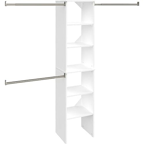 ClosetMaid SuiteSymphony Wood Closet Organizer Starter Kit with Tower and 3 Hang Rods, Shelves, Adjustable, Fits Spaces 4 – 9 ft. Wide, Engineered Wood, Pure White, 16"