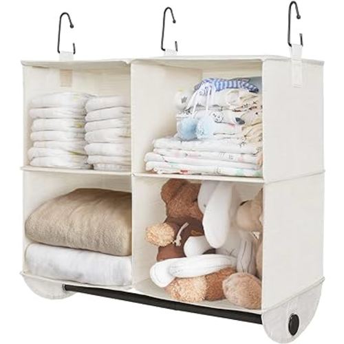 StorageWorks Hanging Closet Organizer with Garment Rod, 4 Section Closet Hanging Shelves, Hanging Clothes Cube Organizer, White & Ivory, 12 ¼" D x 24 ½" W x 28" H