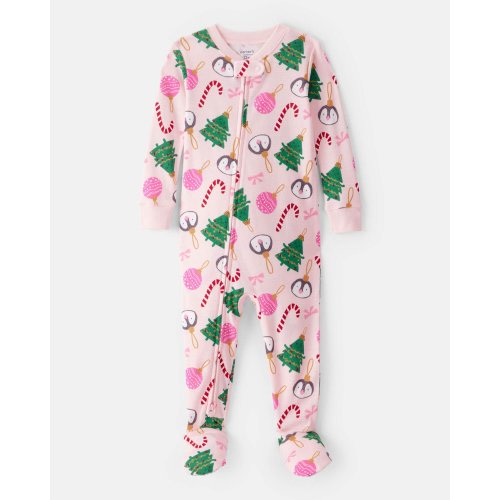 Baby Girl Christmas Ornament Print 100% Cotton Long-Sleeve 2-Way Zip 1-Piece Pajamas - Pink - Carter's | Carter's