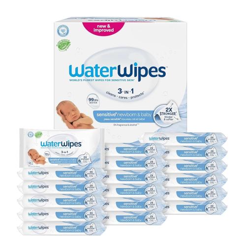 WaterWipes Sensitive+ Newborn & Baby Wipes, 3-In-1 Cleans, Cares, Protects, 99.9% Water, Unscented & Hypoallergenic, 1080 Count (18 Packs)