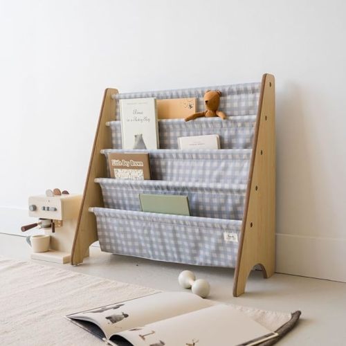 3 Sprouts Recycled Fabric Kids Bookshelf – Kids & Toddler Book Rack for Book Storage – Children's Bookcase Display for Nursery, Playroom or Kids Room in Gingham Blue Ages 3+