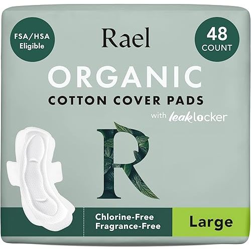 Rael Pads for Women, Organic Cotton Cover - Period Pads with Wings, Feminine Care, Sanitary Napkins, Heavy Absorbency, Unscented (Large, 48 Count)
