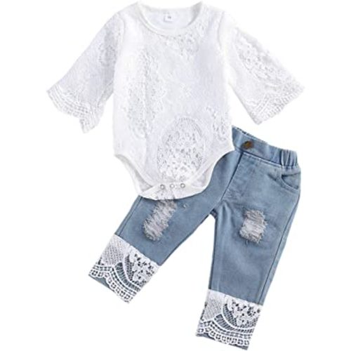 Newborn Baby Girl Lace Clothes Infant Boho Romper + Ripped Denim Jeans Outfits