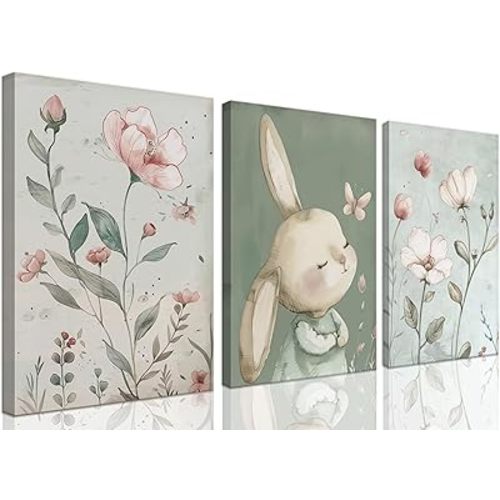 3Pcs Nursery Bunny Canvas Wall Art Cute Rabbit Botanical Flowers Wall Decor Green Nursery Pictures Posters Girl Bedroom Prints for Girls Room Baby Room Paintings Framed