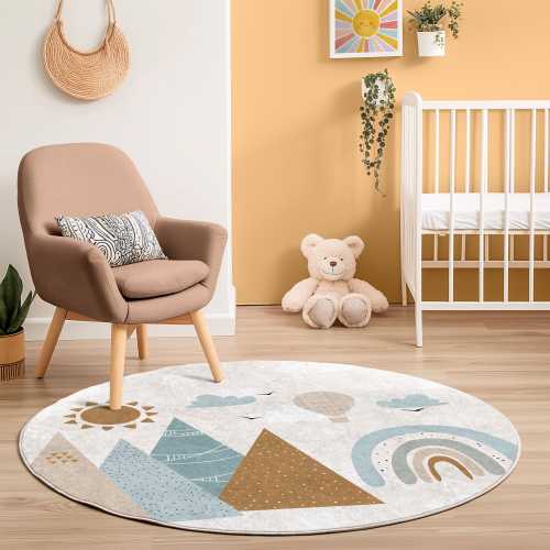 Mountain Dream Round Rug | Boho Rainbow Nursery Mat | Nordic Mountain Baby Room Rug | Pastel Scandinavian Kids Room Decor
