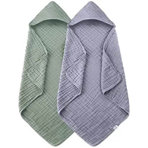 2 Pack Hooded Baby Towels - 100% Muslin Cotton for Newborns, Infants, Toddlers - Large 32x32Inch Size - Highly Absorbent and Essential for Newborn Care, Green and Grey