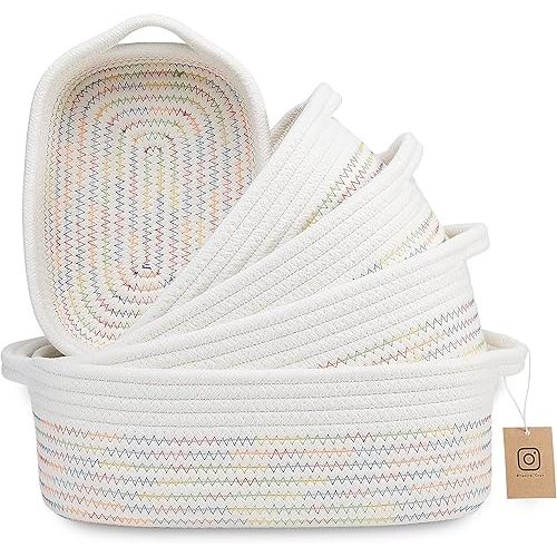 NaturalCozy 5-Piece Rectangle Storage Basket Set- Natural Cotton Rope Woven Baskets for Organizing! Small Basket for Montessori, Baby Nursery, Dog Toy Baskets, Cat Toy Box, Bathroom Organization Bin