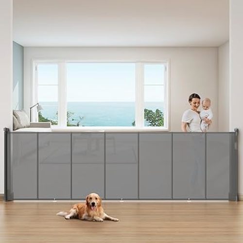 150 Inch Retractable Baby Gates Extra Wide, 42 Inch Tall Retractable Gate, 12.5 FT Reinforced Retractable Dog Gate with Rods & Hooks to Prevent Crawling Through, for Stairs, Indoor/Outdoor, Gray