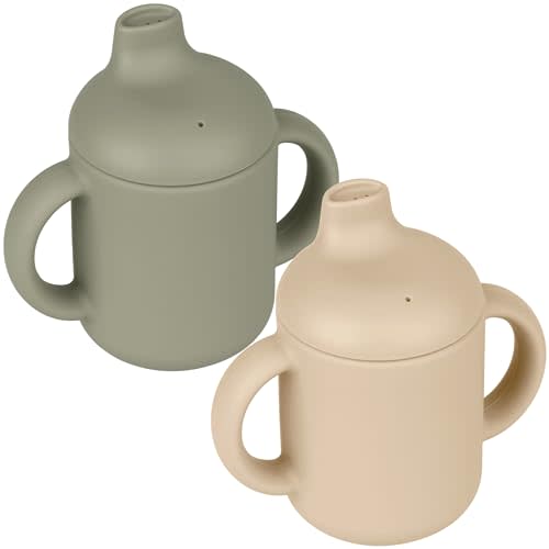 Mintlyfe Baby Sippy Cup, 2 Pack of Silicone Trainer Cup Toddler for Boys and Girls, Unbreakable, Spill Proof and Two Handle Learner Cup Sippy Cup for Toddlers, 4oz (Shifting Sand/Sage)