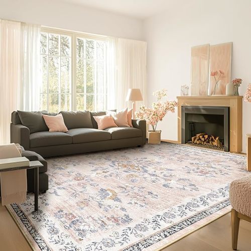 Area Rug 8x10, Vintage Floral Distress Print Pattern, Washable Non-Slip Low-Pile Indoor Carpet for Bedroom, Living Room, Dining Room & Entryway, Pink Purple