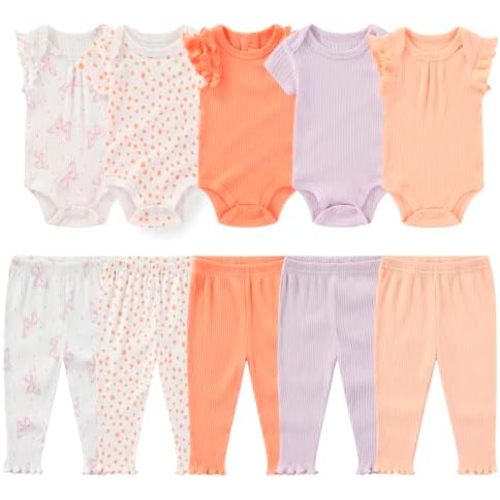 Newborn Baby Layette Gift Set 10-Piece Baby Boy Girl Short Sleeve Bodysuits with Pants Infant Outfit Essentials