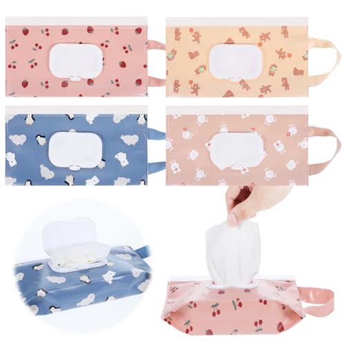 YUXIANLB 4Pack Baby Wipes Dispenser, Reusable Travel Baby Wipes Container, Refillable Wipe Holder Portable Wet Wipe Pouch Bags for Outdoor Outings Camping Hiking Diaper, Keeps Wipes Fresh
