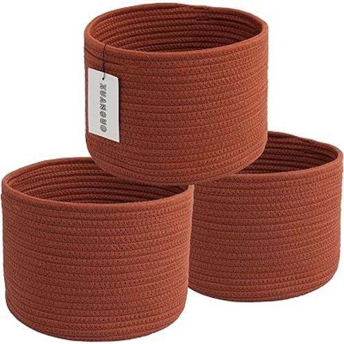 Woven Cotton Storage Baskets - 3-Pack Round Bins (10x10x7'') for Shelves, Closets & Bookcases | Durable Rope Organizers for Nursery, Baby, Toys, Easter & More (rustic)