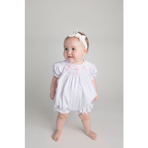 Smocked Cross Bubble Romper in White with Pink Crosses and Lace - Baptism, Christening, Baby Girl, Heirloom, Bishop Style 117