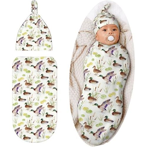 Mallard Duck Baby Stuff Swaddle Blanket Hat Set, Soft and Stretchy Newborn Swaddle Wrap Receiving Blanket Shower Gift for Boys Girls