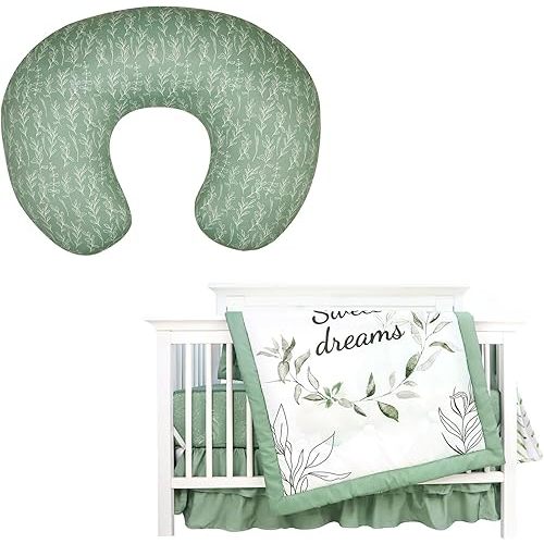 Green Sage Nursing Pillow Cover,Green Leaf 4-Piece Crib Bedding Set, Baby Boy Bedding Crib Set