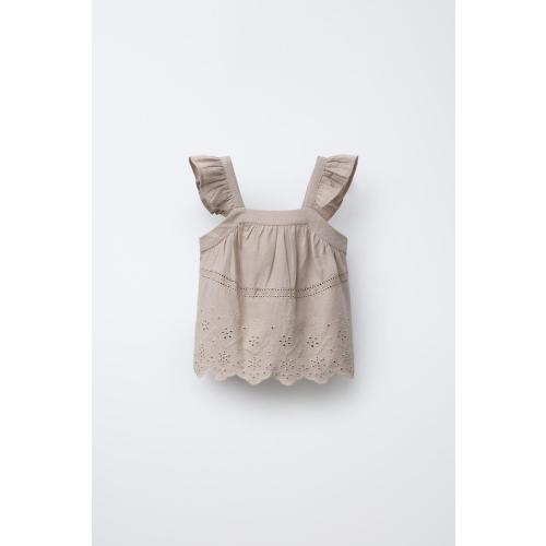 EMBROIDERED COTTON LINEN TOP - Stone | ZARA United States