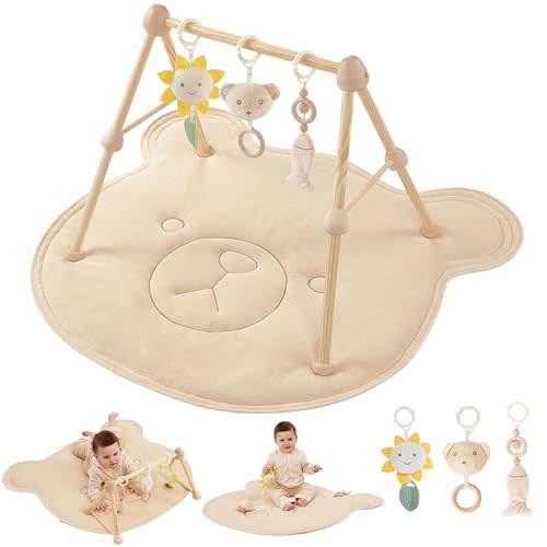 COTTONBEBE Wooden Organic Baby Gym Cotton Play Mat, 4-in-1 Super Soft Infant Activity Tummy Time Playmat for 0 to 3 6 9 12 36 Months Babies, Removable Toys for Sensory & Motor Skill Development, Bear