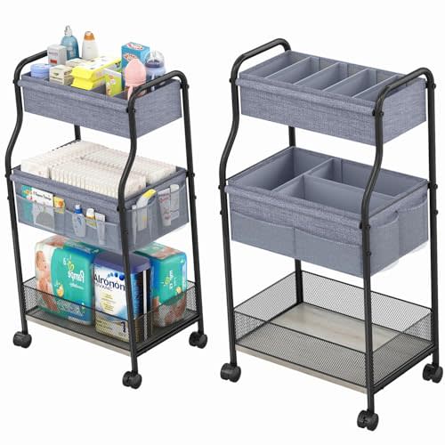3-Tier Baby Diaper Caddy Organizer and Storage Cart, Mobile Metal Utility Cart with Rolling Wheels for Nursery Essentials with 4+2 Dividers, Large Capacity Rolling Cart For Bedroom, Bathroom, Nursery