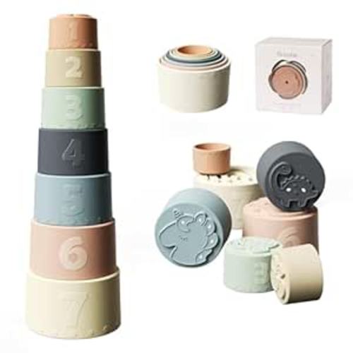 Moonkie Stacking Cups Toy, Fun Educational Baby Toys Silicone Soft Teething Toy, Age 6+ Months, 7 Piece Set
