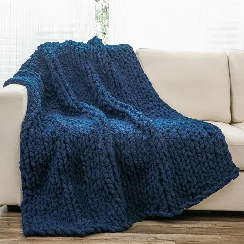 YAAPSU Chunky Knit Throw Blanket for Couch, 51"x63", 100% Hand Knitted Thick Cable Knit with Cozy Jumbo Chenille Yarn, Soft Large Rope Knot Crochet Blankets for Sofa Bed Living Room Décor, Navy Blue