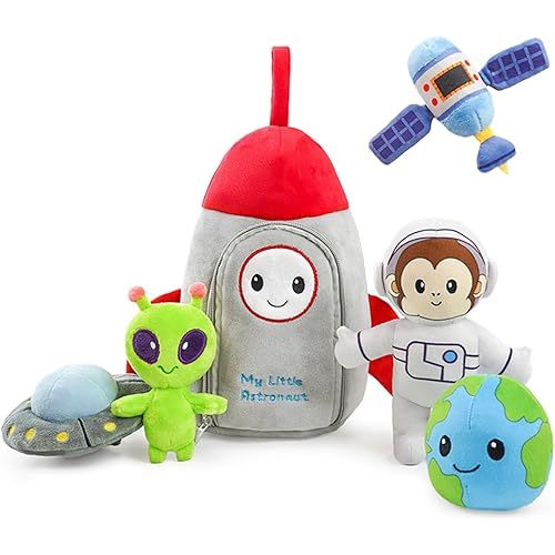 Baby Toys Sensory Toys Set for Babies My Little Astronaut Space Plush Toy Set Soft Stuffed Monkey Set for Kids, Boys Girls with Alien Rattle, Crinkle Spaceship, Play Toys Gift (Space, Kit)