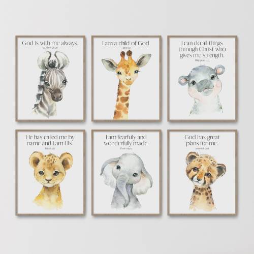 Christian Nursery Decor, Kids Bible Verse Wall Art, Watercolor Animals, Scripture Print, Baby Boy Nursery, Safari Jungle, Printable Artwork