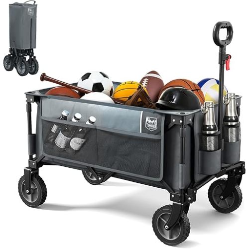 TIMBER RIDGE Collapsible Outdoor Folding Wagon Cart Heavy Duty Camping Patio Shopping Garden Cart with Side Bag Cup Holder, Grey